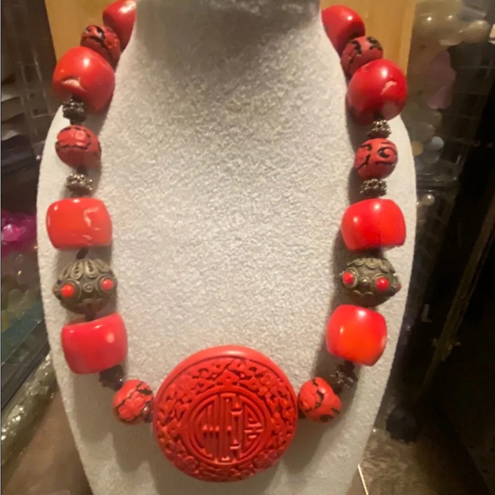 Vintage/antique raw coral cinabar  Red Statement Necklace - Women Jewelry